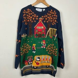 Handmade Style Navy & Green School Bus Knit Sweater